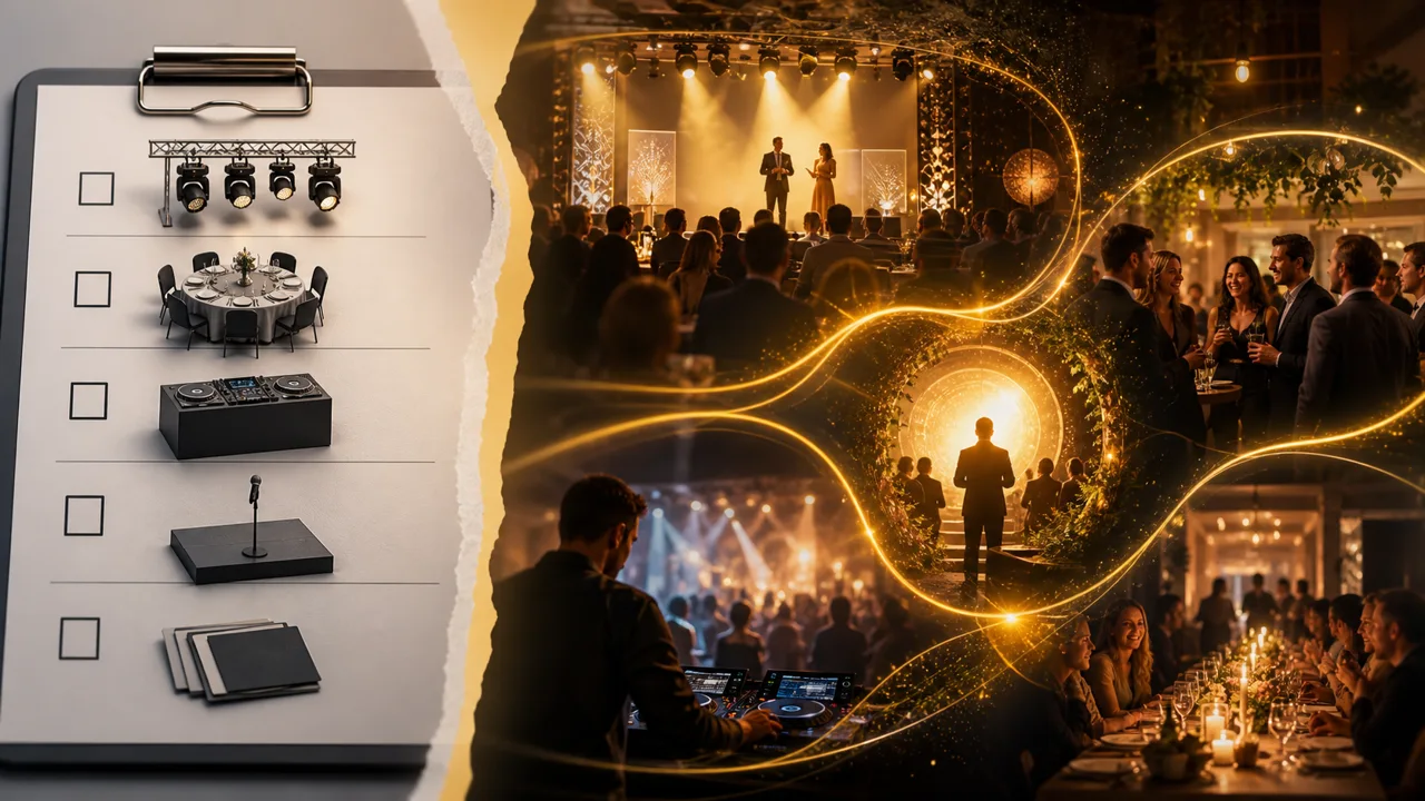 Ilustrace rozdílu mezi běžným programem eventu a firemním eventem s příběhem, kde jednotlivé prvky akce tvoří jeden smysluplný zážitek.