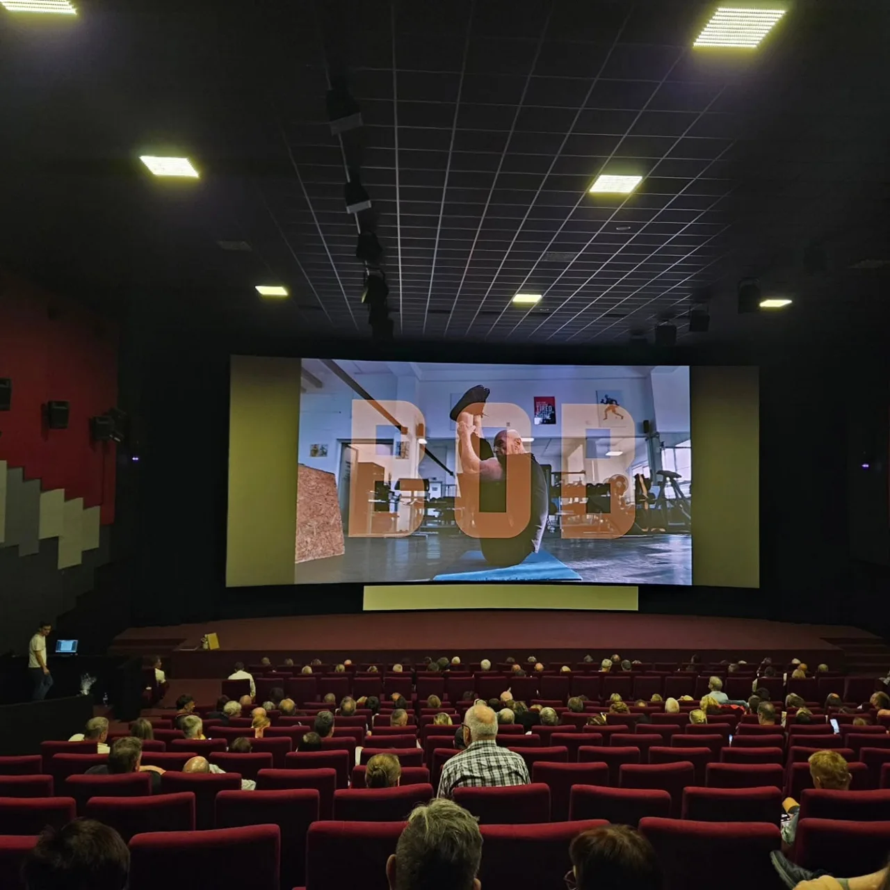 Projekce filmu v kinosále před publikem